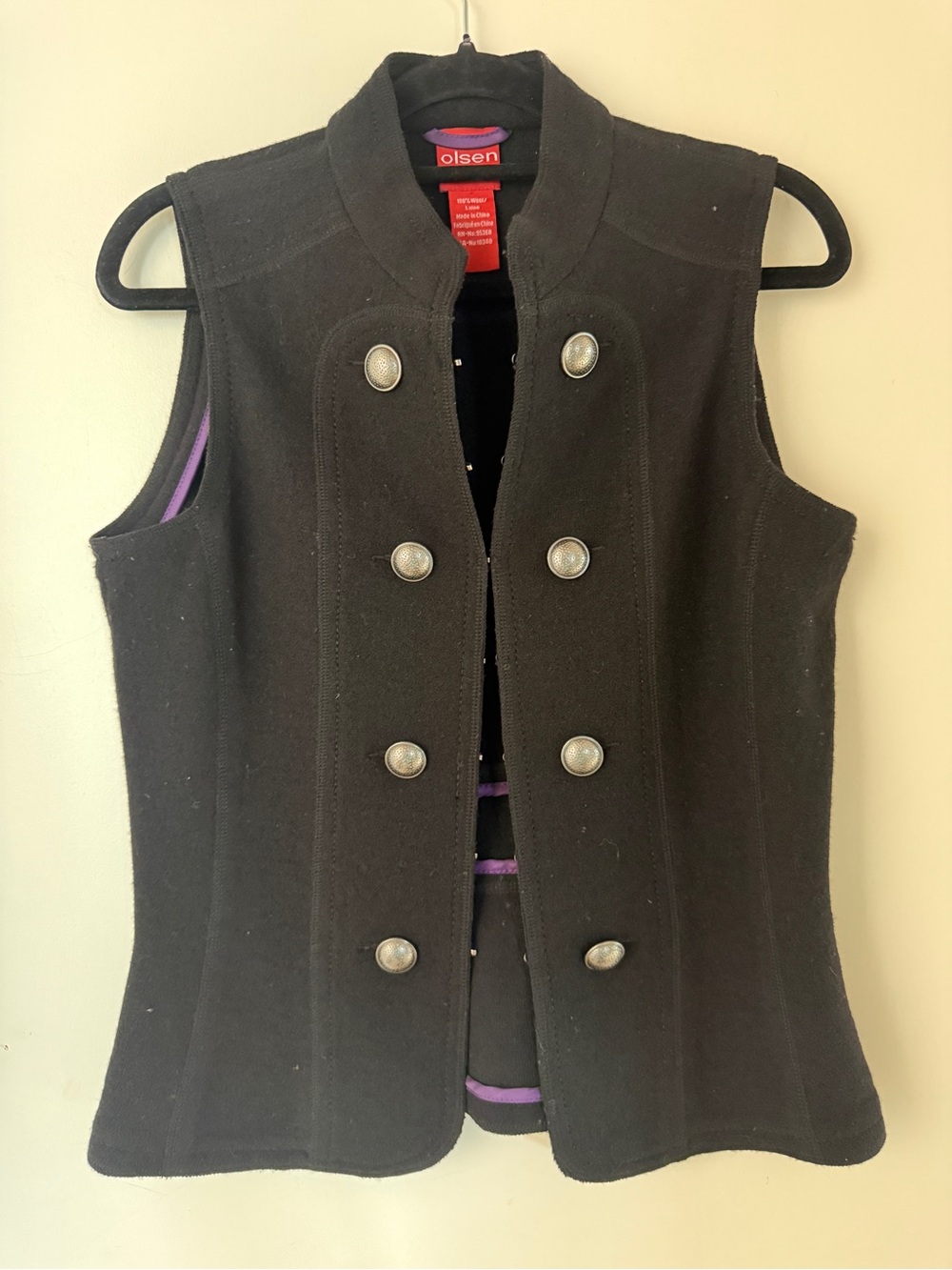 Olsen Europe Black 100% Thin Wool Military Vest Silver Buttons Size 10 12